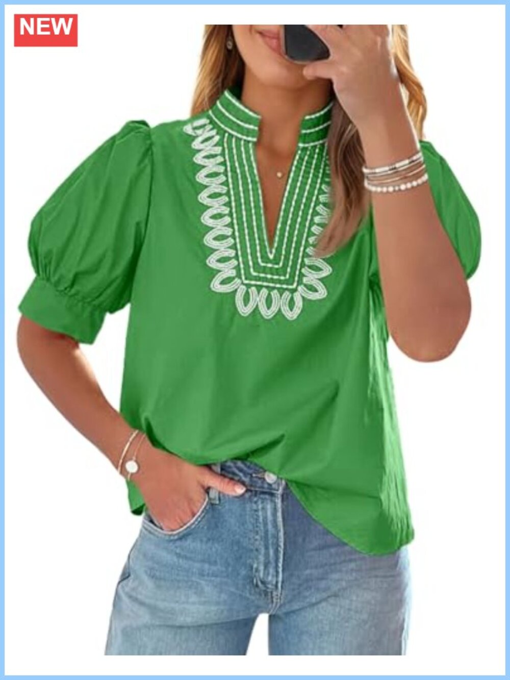 Puff Sleeve Embroidered V-Neck Blouse Dressy Top
